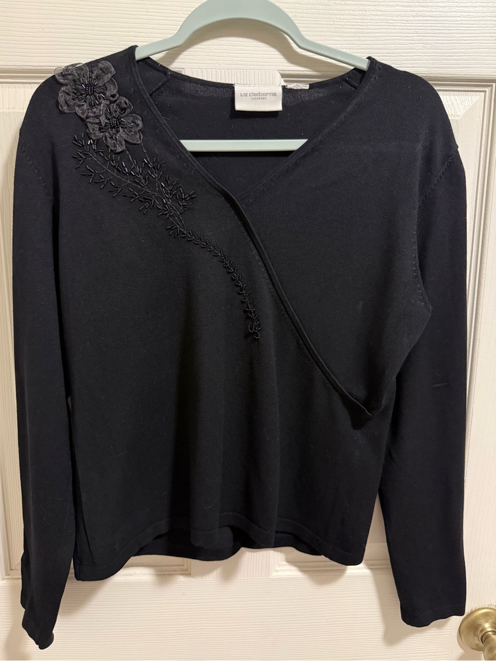 Liz Claiborne Black Long-Sleeve V-Neck Wrap Top with Floral Applique. No tag.